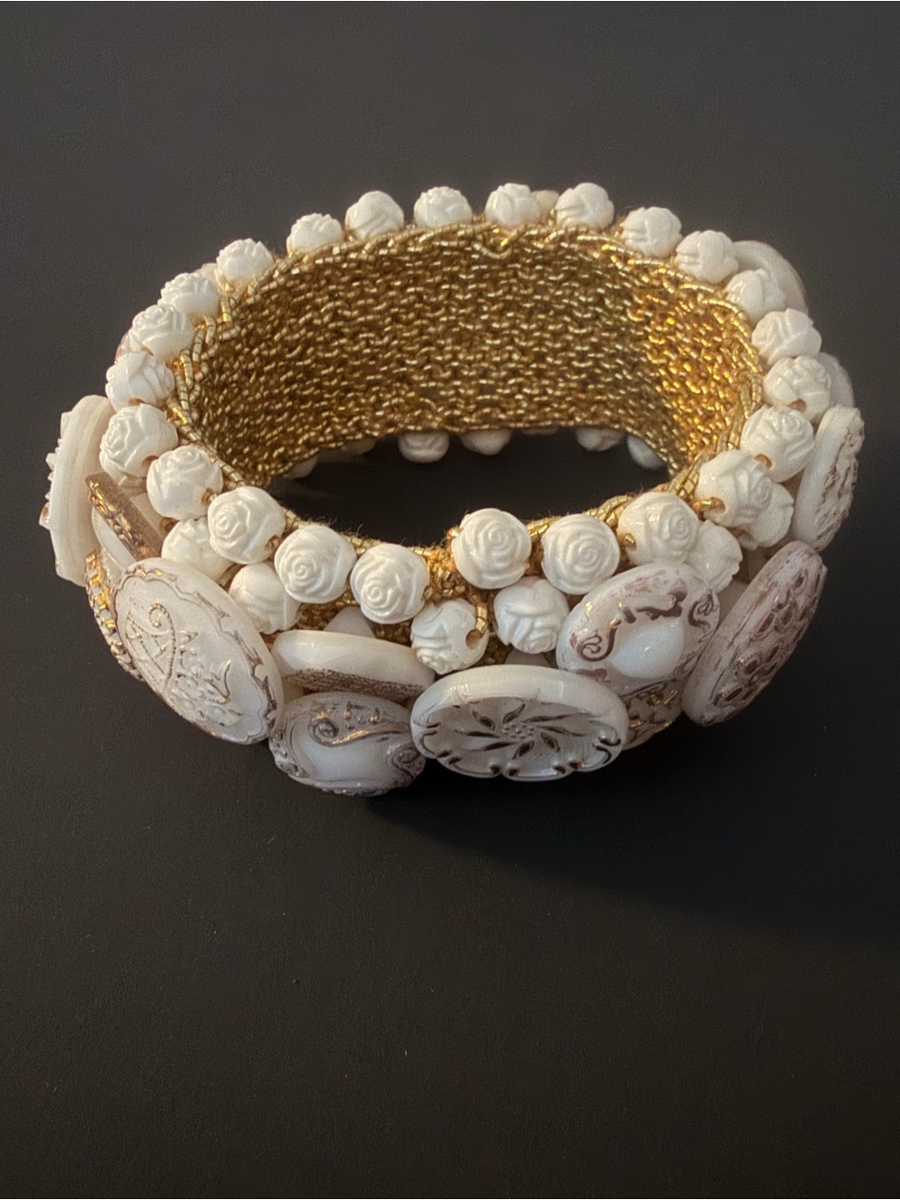 VTG 1960s Lucite Button Stretch Bracelet Wide Cuff Cream White Gold